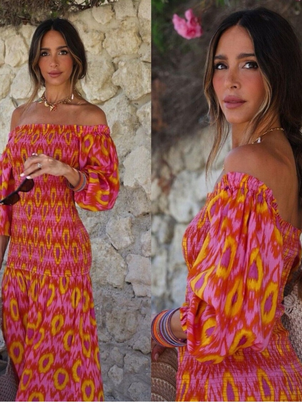 ZARA Off-Shoulder Pink & Yellow Ikat Maxi Dress